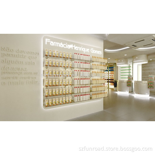 Luxurious LED lighted wooden display furnitures for brand retail pharmacy